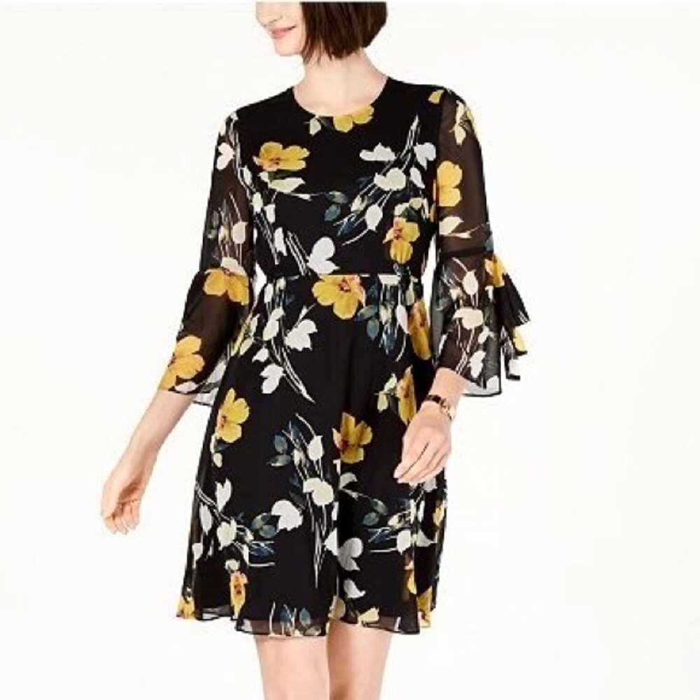 INC International Concepts Black‎ Chiffon Floral Print Bell Sleeve Dress Size 12